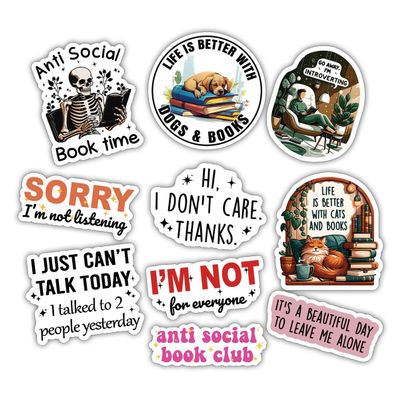 10pcs Anti Social Sticker Sheet, Funny Introvert Vinyl Decals, Sarcastic Social Anxiety Aesthetic, Anti People Mood Stickers, Waterproof, UV-Resistant, for Water Bottle, Scrapbook, Laptop, Car, Truck