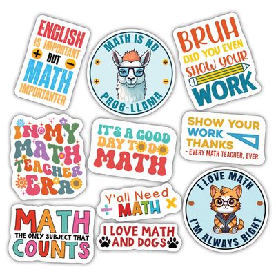 10pcs Math Sticker Sheet, Funny School Lover Vinyl Decals for Math Teachers, Students, Stem Classroom Gifts, Waterproof, UV-Resistant, for Laptop, Water Bottle, Calculator, Journal, Notebook