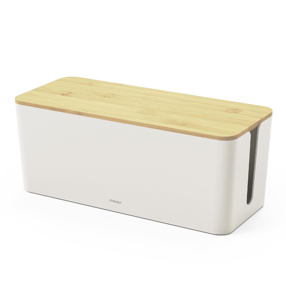 Mooas Small Cable Management Box with Wooden Lid (Medium), Cord Organizer Wooden Box for Desk, Home, Office Wire Storage Hider for Power Strips, USB Cables, Charging Cords, and Electronics
