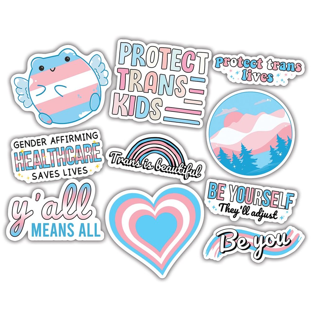 10pcs Transgender Pride Sticker Sheet, Affirming and Inclusive Vinyl Decals with Trans Flag Colors and LGBTQ+, Waterproof, UV-Resistant, for Laptop, Water Bottle, Journal, Binder, Mirror (Design 1)