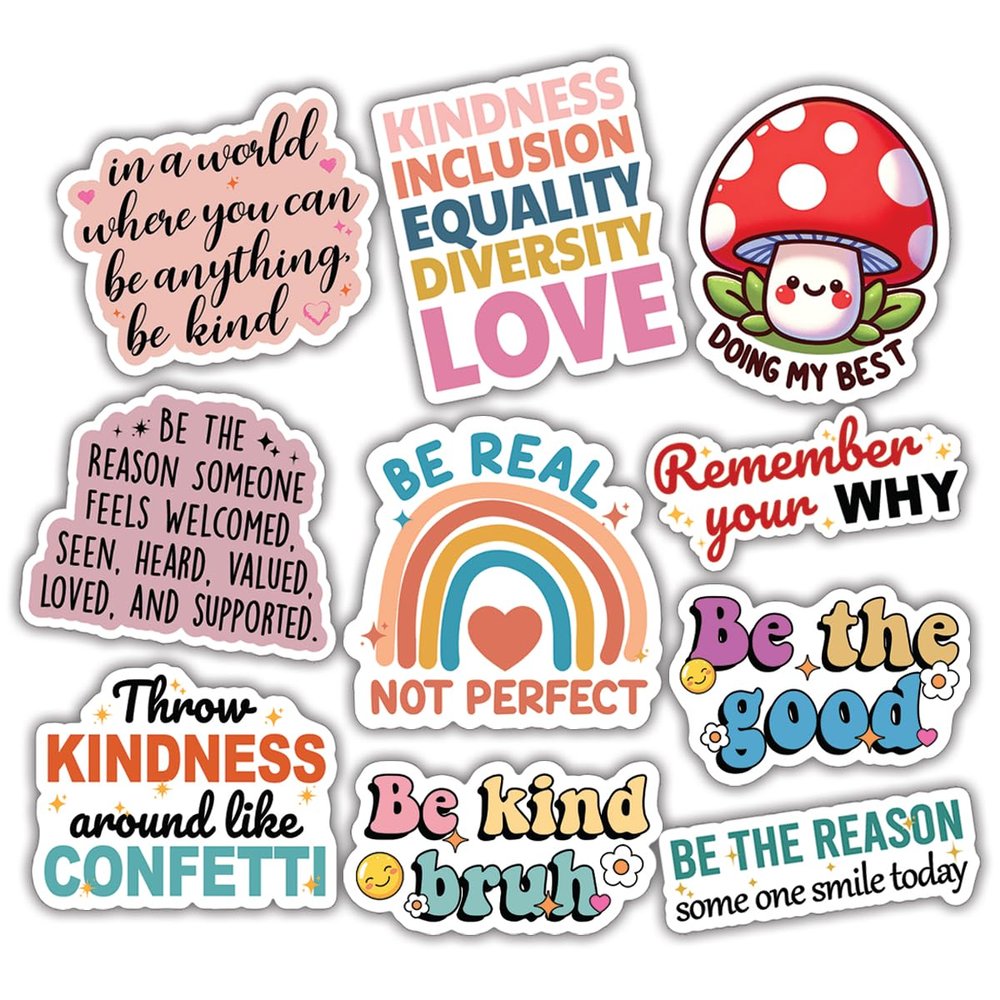 (10pcs) Kindness Stickers Motivational Inspirational Positive Affirmation Stickers Funny Gifts Multiple Different Design, Waterproof, UV- Resistant, Suitable for Tumbler, Laptop, Car, Truck