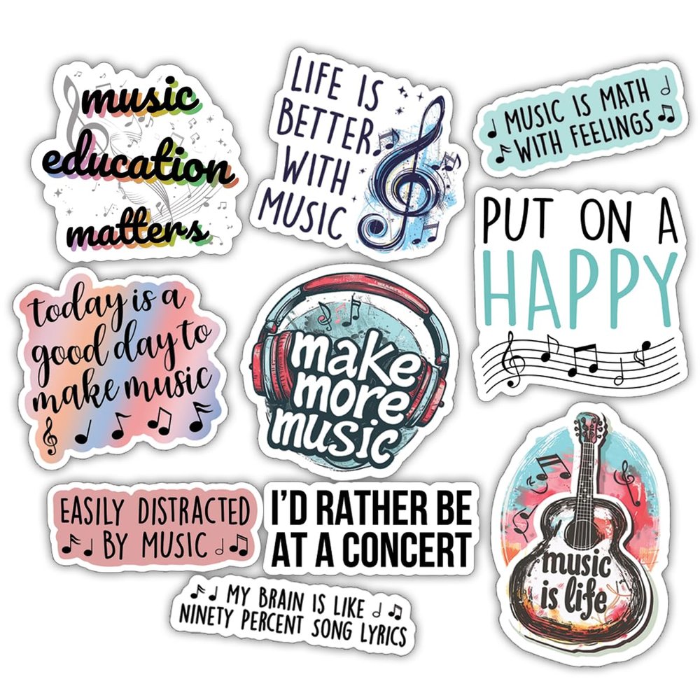 10pcs Music Lover Sticker Sheet, Aesthetic Fun Vinyl Decals Gifts for Musicians, Bands, Songwriters, Waterproof, UV-Resistant, for Music Fans, for Laptop, Water Bottle, Guitar Case, Notebook, Mirror