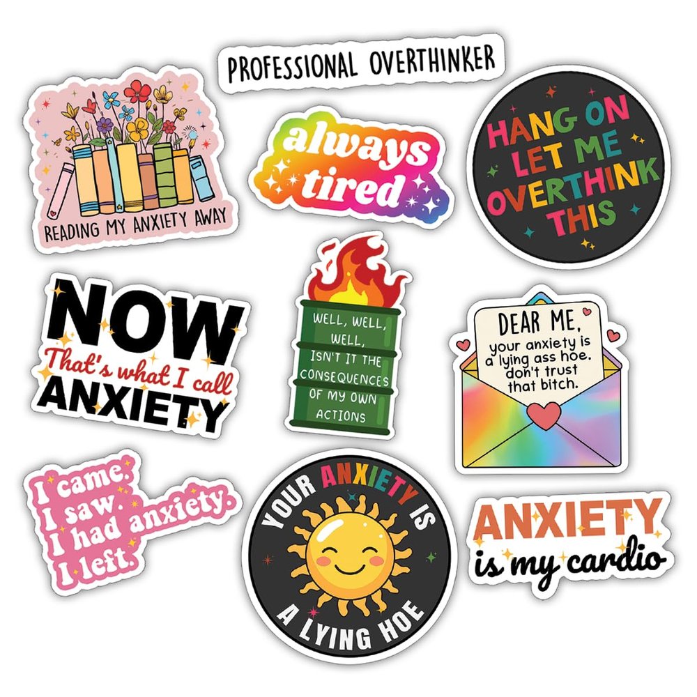10pcs Anxiety Sticker Sheet, Uplifting and Cute Vinyl Decals for Mental Health Support, Self-Care, Emotional Wellness, Waterproof, UV-Resistant, for Laptop, Water Bottle, Journal, Mirror, Notebook