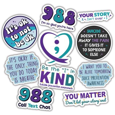 10pcs Suicide Prevention Sticker Sheet, Supportive Hopeful Vinyl Decals with Mental Health Awareness, Waterproof, UV-Resistant, for Laptop, Water Bottle, Journal, Mirror, Notebook, Office Decor