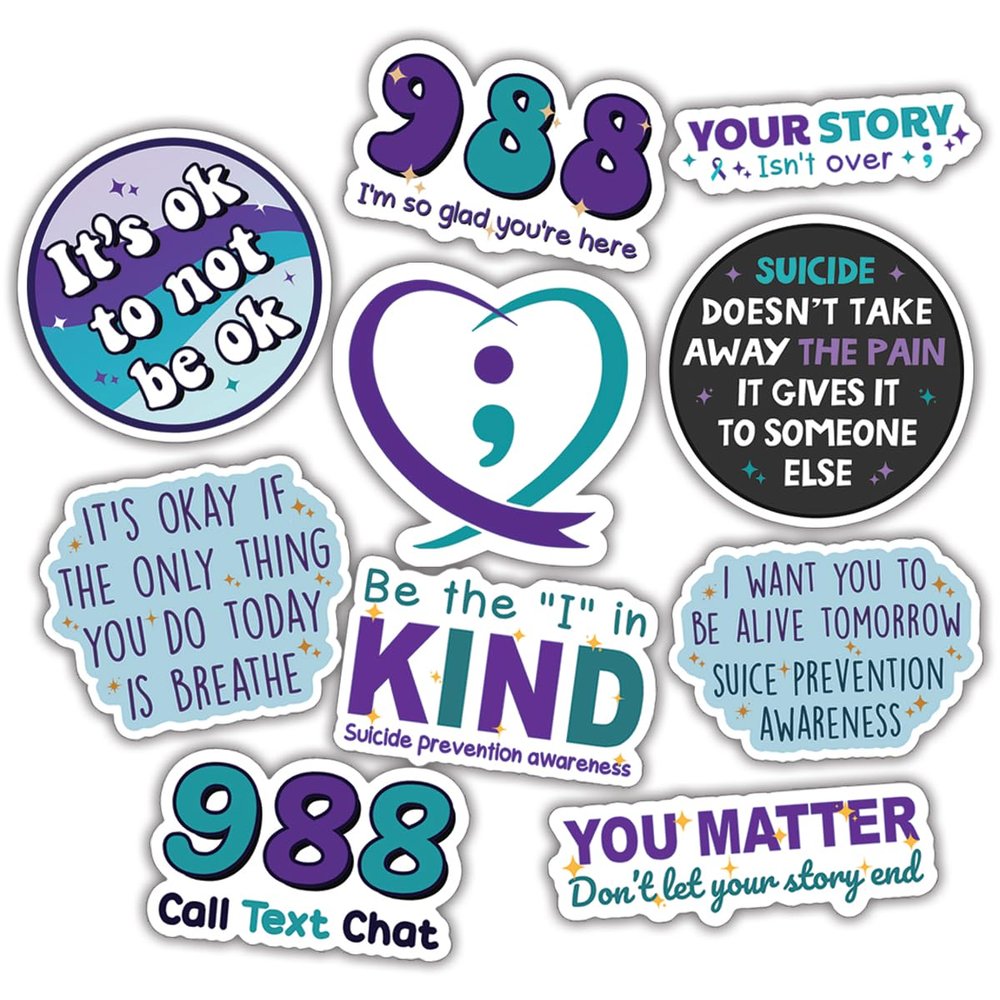 10pcs Suicide Prevention Sticker Sheet, Supportive Hopeful Vinyl Decals with Mental Health Awareness, Waterproof, UV-Resistant, for Laptop, Water Bottle, Journal, Mirror, Notebook, Office Decor
