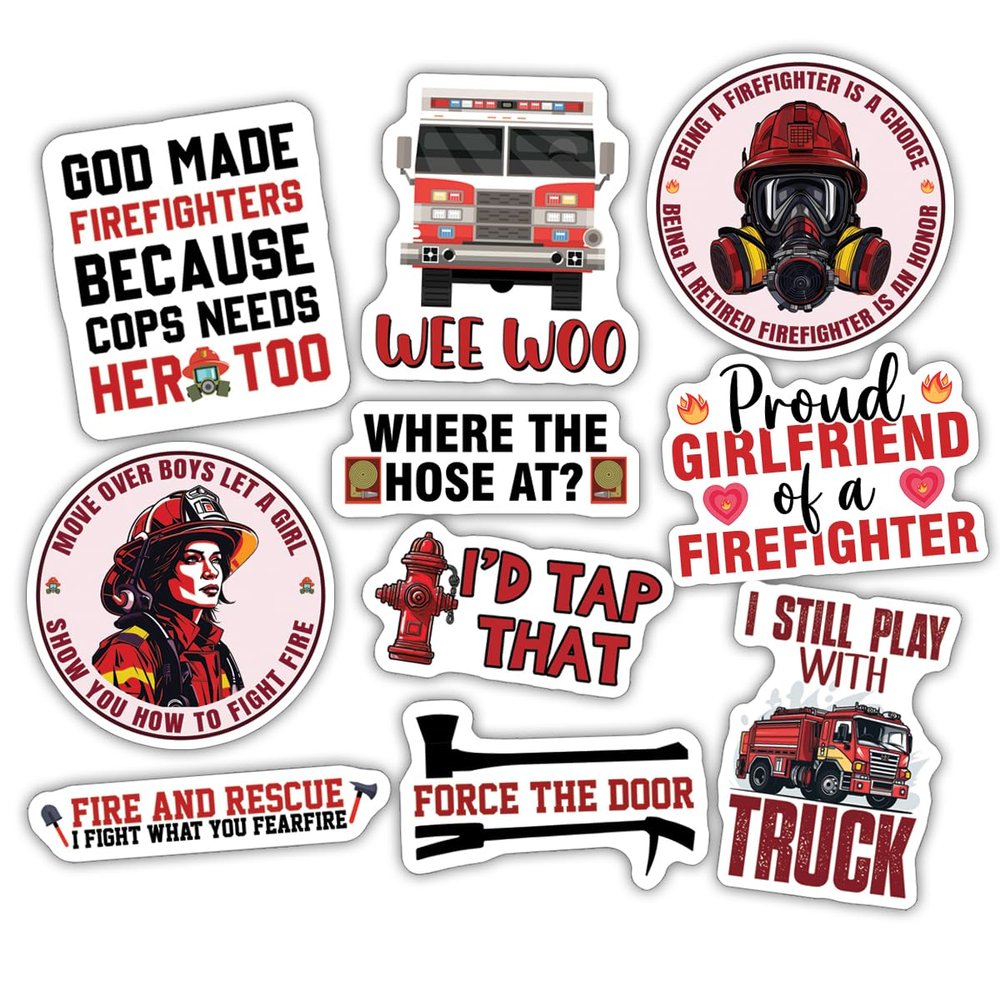 10pcs Firefighter Sticker Sheet, Brave Patriotic Vinyl Decals for Firefighters, EMTs, First Responders, Rescue Heroes Gifts, Waterproof, UV-Resistant, for Helmet, Water Bottle, Laptop, Toolbox