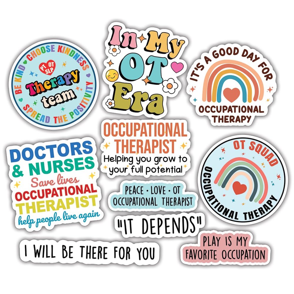 10pcs Occupational Therapist Sticker Sheet, Cute Motivational Vinyl Decals for OTs, OTAs, Therapy Gifts for Students, Coworkers, Waterproof, UV-Resistant, for Laptop, Water Bottle (Design 1)