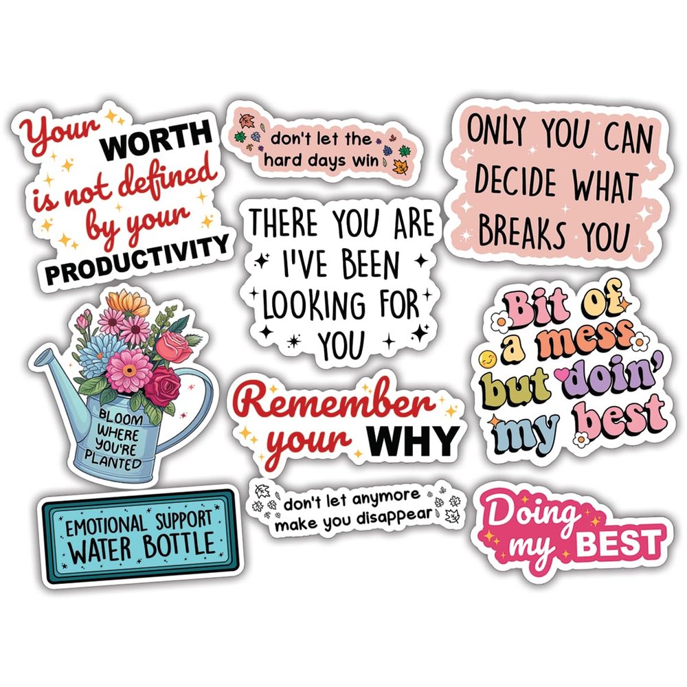 10pcs Motivational Sticker Sheet, Positive Vinyl Decals with Encouraging, Inspirational Quotes for Students, Teachers, Waterproof, UV-Resistant, for Laptop, Water Bottle, Mirror, Binder, Notebook