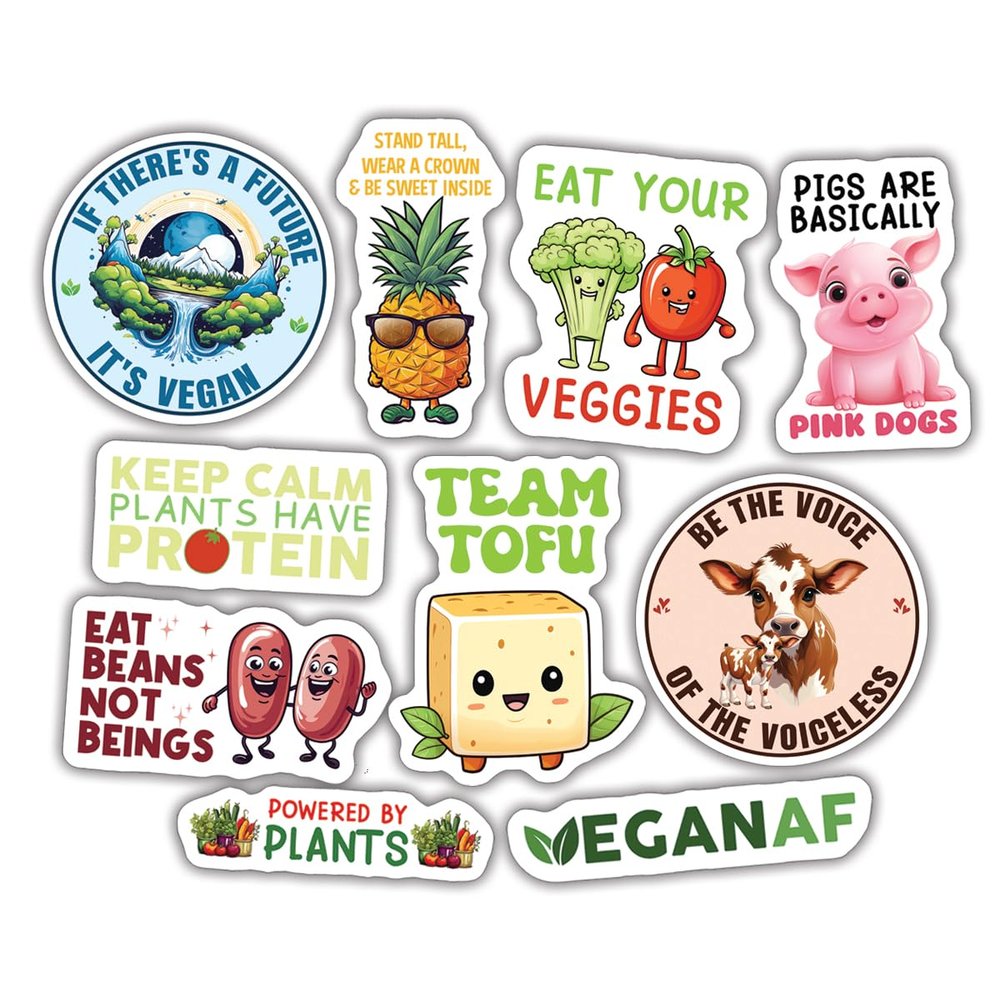 10pcs Vegan Sticker Sheet, Vegetarian Vegetable Vinyl Decals with Plant-Based and Animal Rights Messages, Waterproof, UV-Resistant, for Laptop, Water Bottle, Journal, Binder, Notebook, Phone Case