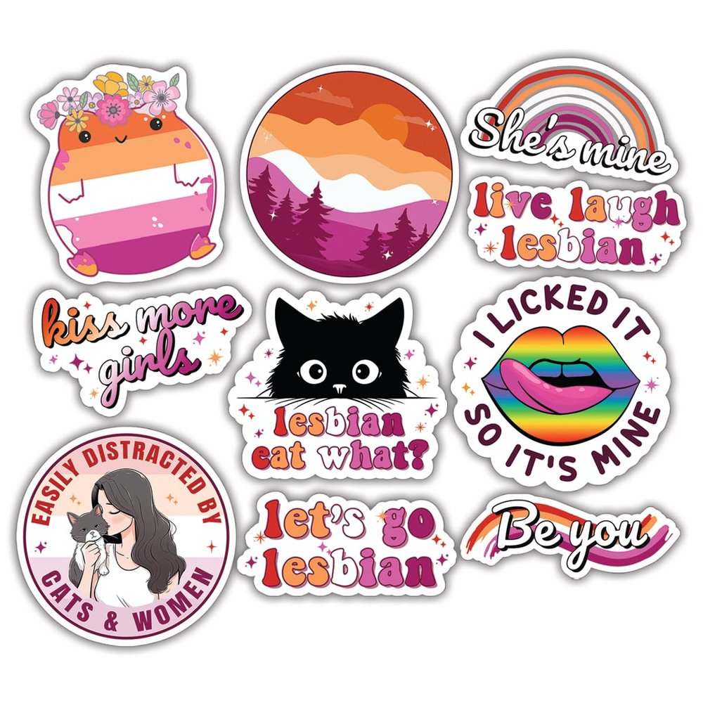 10pcs Lesbian Pride Sticker Sheet, LGBTQ+ Vinyl Decals Lesbian Flag Colors, Inclusive Gifts LGBT Queer Communities, Waterproof, UV-Resistant, for Laptop, Water Bottle, Scrapbook, Mirror