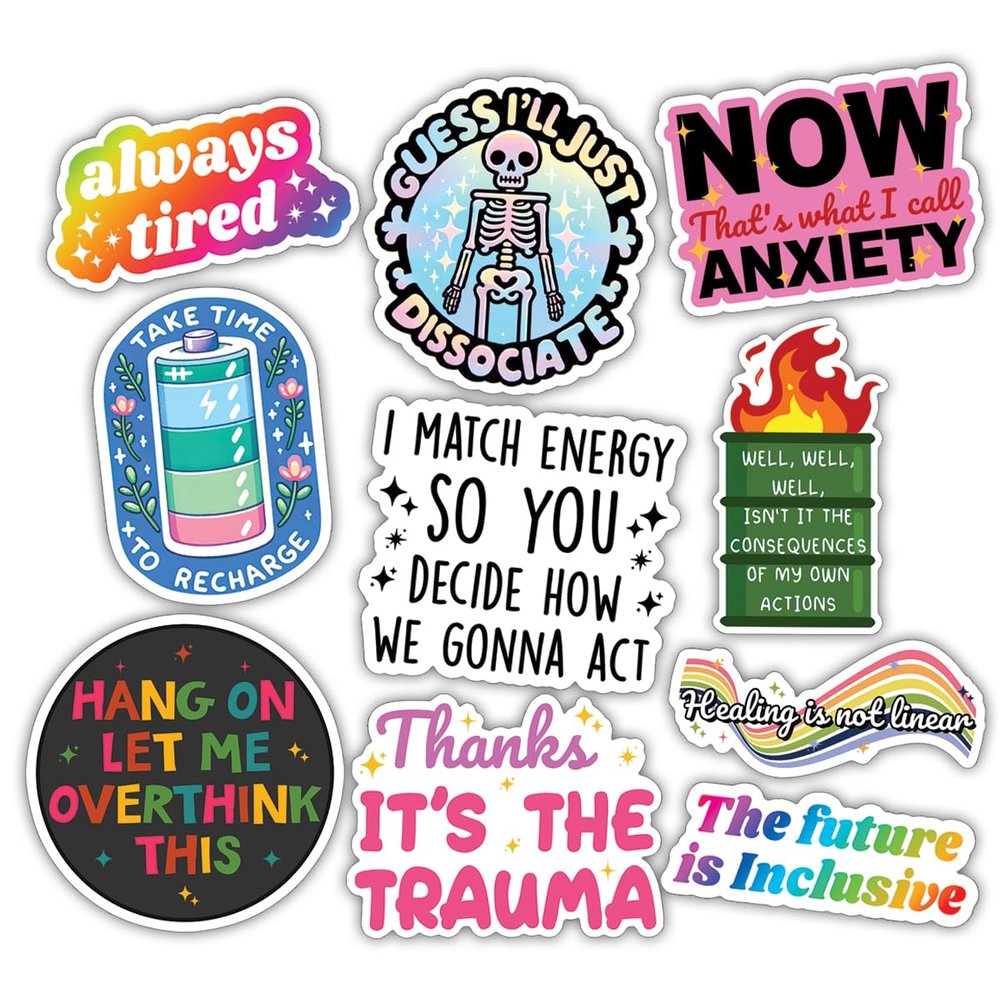 10pcs Mental Health Sticker Sheet, Vinyl Decals Positive Affirmations, Encouraging, Motivational Gifts, Waterproof, UV-Resistant, for Students, Therapists, for Laptop, Mirror, Water Bottle (Design 1)