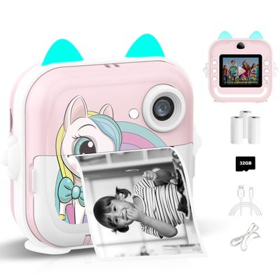 Instant Print Camera for Kids, Christmas Birthday Gifts for Girls Boys, Selfie Digital Camera with 1080P Videos, Portable Toy for 4 5 6 7 8 9 10 Years Old Girl with Print Paper & 32G Card
