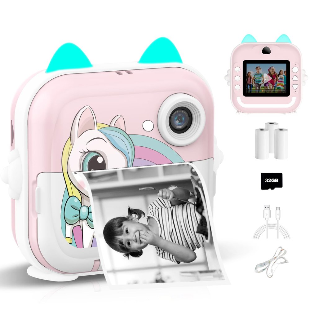 Instant Print Camera for Kids, Christmas Birthday Gifts for Girls Boys, Selfie Digital Camera with 1080P Videos, Portable Toy for 4 5 6 7 8 9 10 Years Old Girl with Print Paper & 32G Card