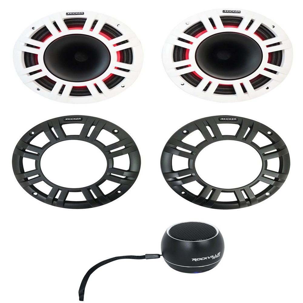 Audiosavings Bundle: (2) Kicker 48KMXL84 8" 500 Watt Marine Boat Horn Loaded Speakers w/LED Bundle with (1) Rockville RPB2-BLACK Handheld Wireless Portable Bluetooth Speaker Great Sound (3 Items)