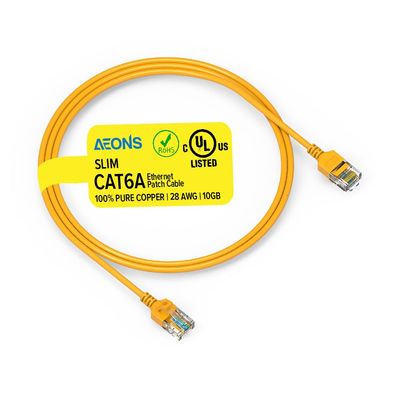 AEONS Cat 6A Slim Ethernet Patch Booted Cable 3 ft 10Gbps RJ45 Snagless LAN Patch Cords, 100% Pure Copper Wire Cat6a High Speed Router Modem Computer Wire Gaming, Gold Plated UL Listed, Yellow