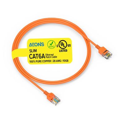 AEONS Cat 6A Slim Ethernet Patch Booted Cable 3 ft 10Gbps RJ45 Snagless LAN Patch Cords, 100% Pure Copper Wire Cat6a High Speed Router Modem Computer Wire Gaming, Gold Plated UL Listed, Orange