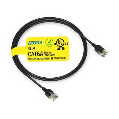 AEONS Cat 6A Slim Ethernet Patch Booted Cable 3 ft 10Gbps RJ45 Snagless LAN Patch Cords, 100% Pure Copper Wire Cat6a High Speed Router Modem Computer Wire Gaming, Gold Plated UL Listed, Black