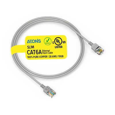 AEONS Cat 6A Slim Ethernet Patch Booted Cable 5 ft 10Gbps RJ45 Snagless LAN Patch Cords, 100% Pure Copper Wire Cat6a High Speed Router Modem Computer Wire Gaming, Gold Plated UL Listed, Gray