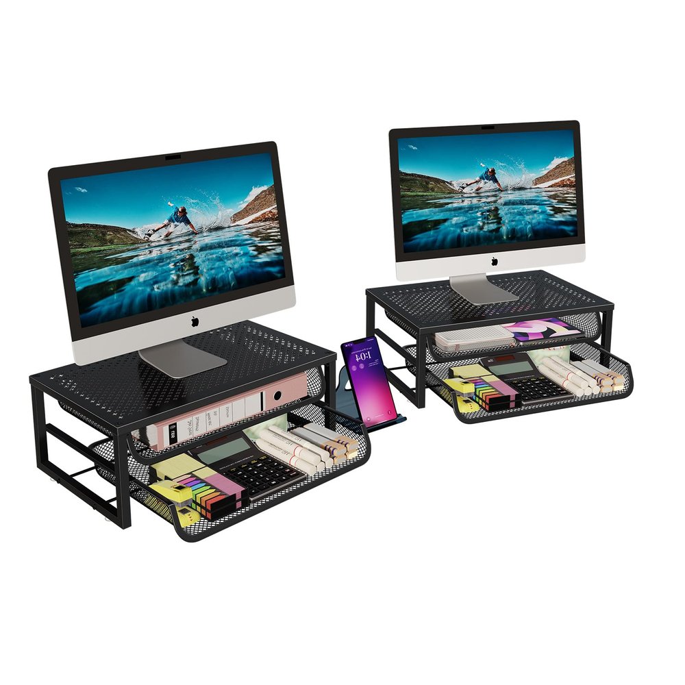 Ekisemio 2 Pack Desk Organizer and Accessories, 2-Tier Metal Computer Monitor Stand Riser with Drawer, Desk Accessories & Workspace Organizers for Home Office Supplies, Black