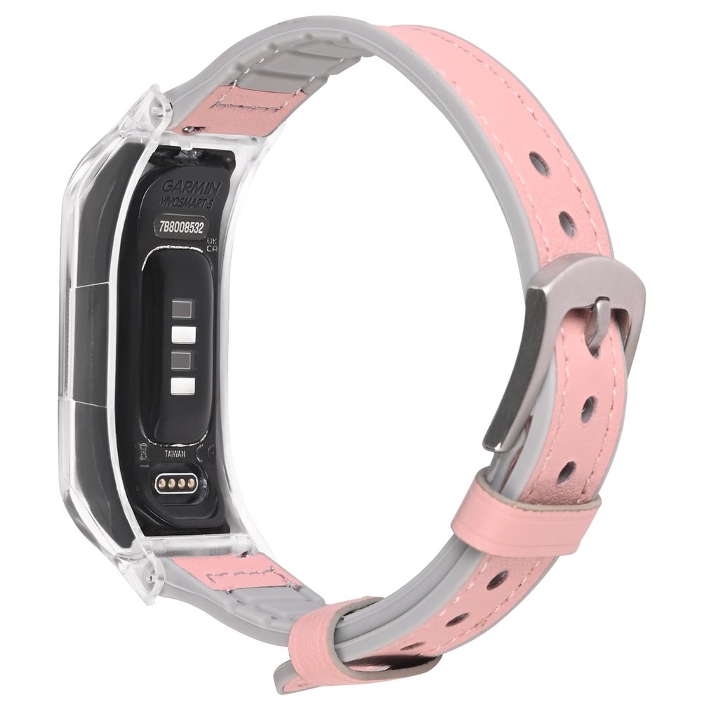 C2D JOY Leather & Silicone Mixed Strap Compatible with vivosmart 5 Replacement Watch band with New Transparent Case M/L-Pink