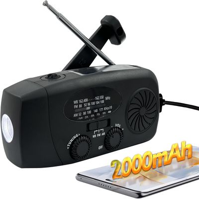 Emergency Hand Crank Radio with LED Flashlight for Emergency, AM/FM NOAA Portable Weather Radio with 2000mAh Phone Charger, USB Charged & Solar Power for Camping, Emergency (Black)