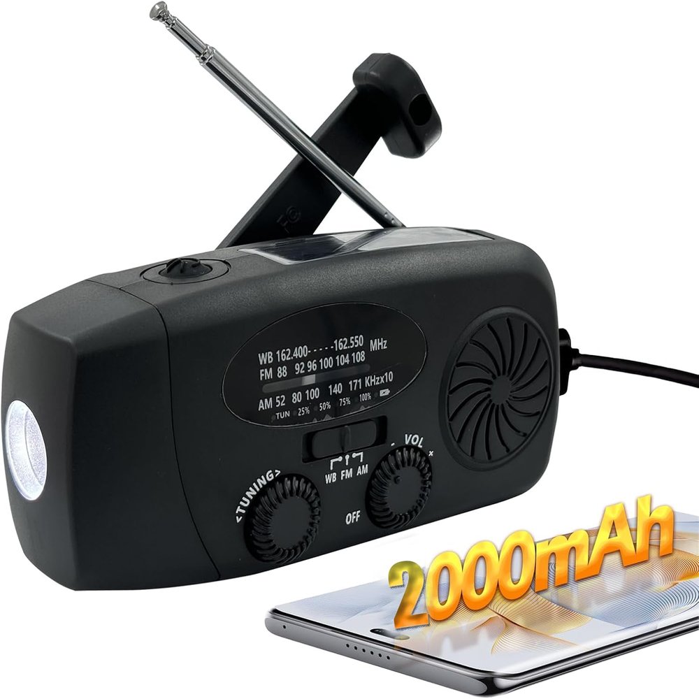 Emergency Hand Crank Radio with LED Flashlight for Emergency, AM/FM NOAA Portable Weather Radio with 2000mAh Phone Charger, USB Charged & Solar Power for Camping, Emergency (Black)