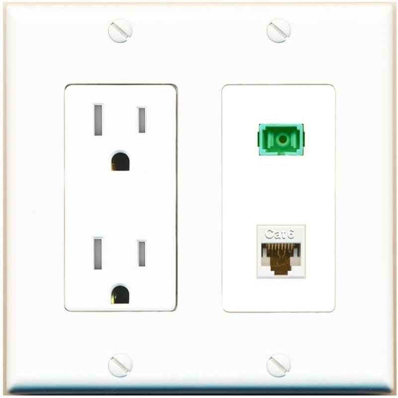 RiteAV 1 Port Fiber Optic Jack SC Simplex APC + Cat6 Wall Plate - Tamper Resistant Outlet White