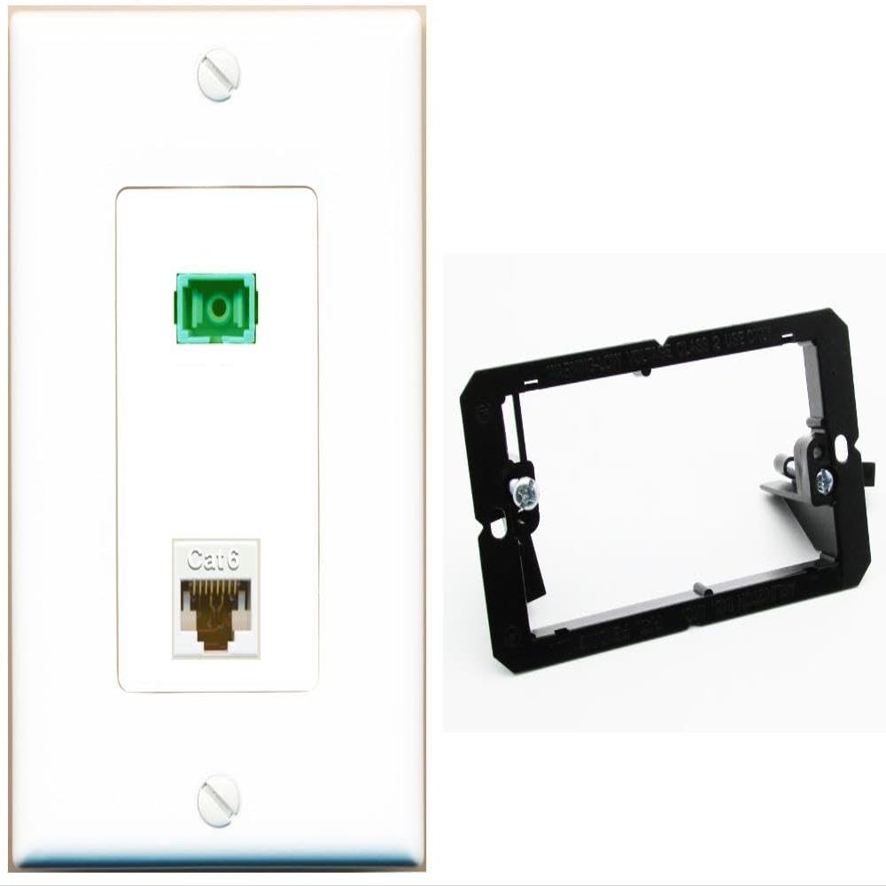 RiteAV 1 Port Fiber Optic Jack SC Simplex APC + Cat6 Wall Plate - Bracket White