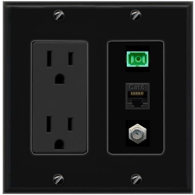 RiteAV 1 Port Fiber Optic Jack SC Simplex APC + Cat6 + Coax Wall Plate - Outlet Black/Black