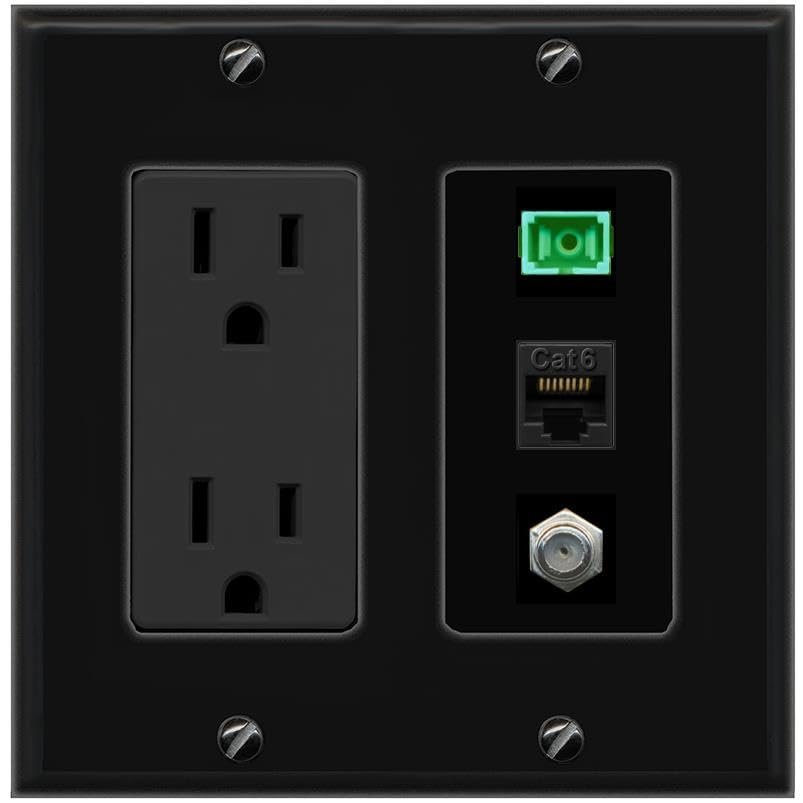 RiteAV 1 Port Fiber Optic Jack SC Simplex APC + Cat6 + Coax Wall Plate - Outlet Black/Black