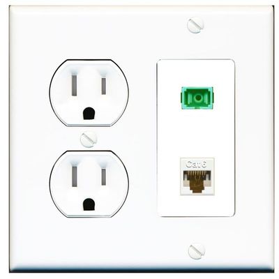 RiteAV 1 Port Fiber Optic Jack SC Simplex APC + Cat6 Wall Plate - Tamper Resistant Round Outlet White