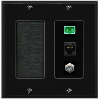 RiteAV 1 Port Fiber Optic Jack SC Simplex APC + Cat6 + Coax Wall Plate - Brush Black/Black