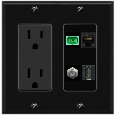 RiteAV 1 Port Fiber Optic Jack SC Simplex APC + Cat6 + Coax + HDMI Wall Plate - Outlet Black/Black