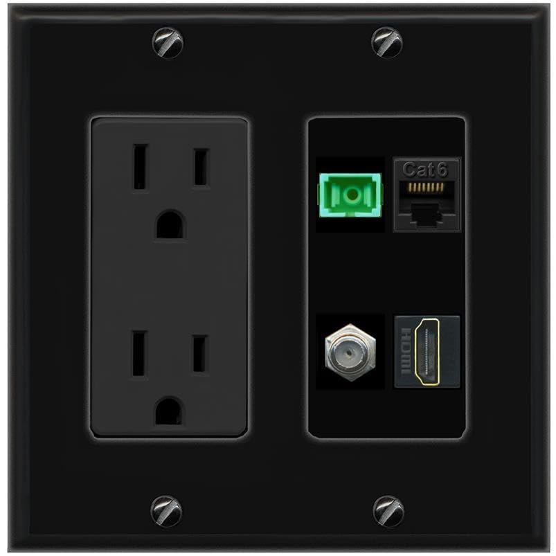 RiteAV 1 Port Fiber Optic Jack SC Simplex APC + Cat6 + Coax + HDMI Wall Plate - Outlet Black/Black