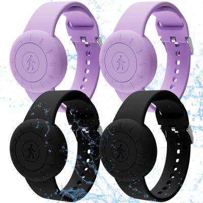 Waterproof Airtag Bracelet for Kids (4 Pack), Soft Silicone Hidden Air Tag Wristband Full Case Cover Lightweight GPS Tracker Holder for Apple Airtag Watch Band for Kids (2 Black+2 Purple)