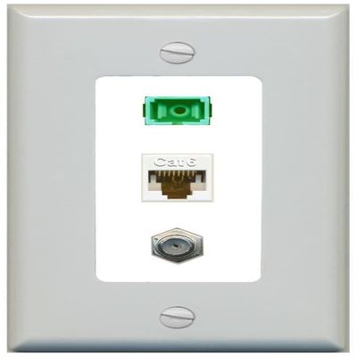 RiteAV 1 Port Fiber Optic Jack SC Simplex APC + Cat6 + Coax Wall Plate - 1 Gang Gray/White