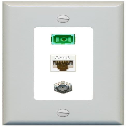 RiteAV 1 Port Fiber Optic Jack SC Simplex APC + Cat6 + Coax Wall Plate - 1 Gang Gray/White