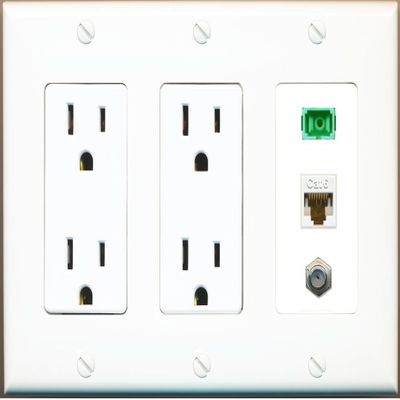RiteAV 1 Port Fiber Optic Jack SC Simplex APC + Cat6 + Coax Wall Plate - 2 Outlet White
