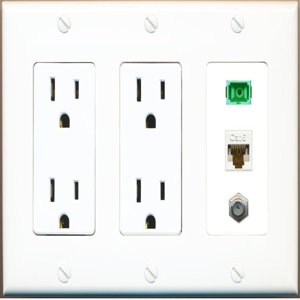 RiteAV 1 Port Fiber Optic Jack SC Simplex APC + Cat6 + Coax Wall Plate - 2 Outlet White
