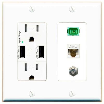 RiteAV 1 Port Fiber Optic Jack SC Simplex APC + Cat6 + Coax Wall Plate - USB Charger White