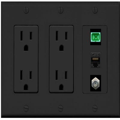 RiteAV 1 Port Fiber Optic Jack SC Simplex APC + Cat6 + Coax Wall Plate - 2 Outlet Black/Black