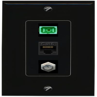 RiteAV 1 Port Fiber Optic Jack SC Simplex APC + Cat6 + Coax Wall Plate - 1 Gang Black/Black