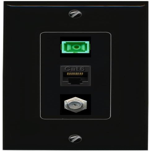 RiteAV 1 Port Fiber Optic Jack SC Simplex APC + Cat6 + Coax Wall Plate - 1 Gang Black/Black
