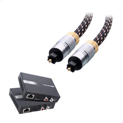 Cable Matters 990ft Extra Long Range Audio Over Ethernet Adapter Kit with Built-in Digital to Analog Converter(DAC), Support Optical Audio Toslink, L/R RCA & Toslink Cable 6 Feet with Metal Connectors