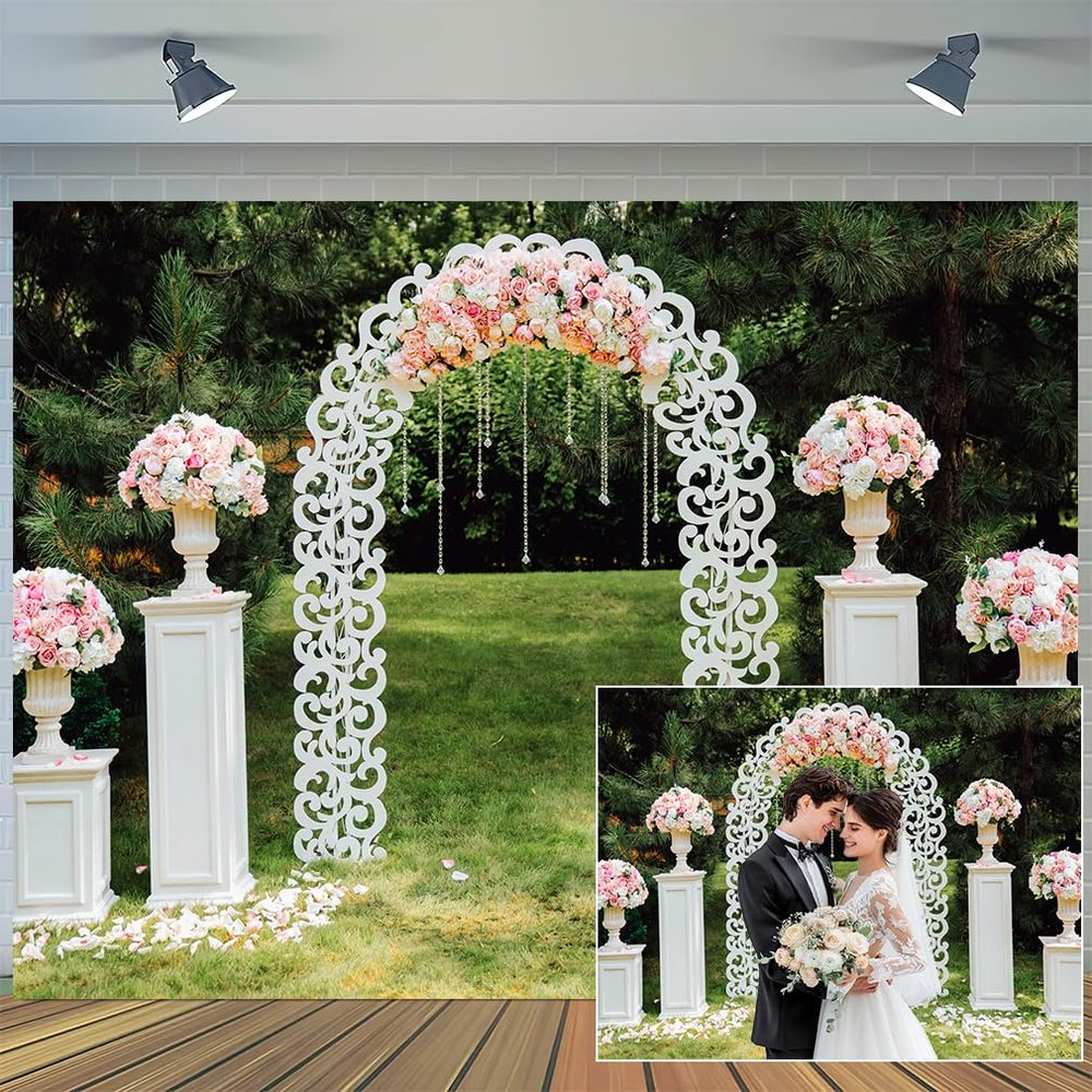 15x10ft Wedding Arch Pink Rose Photography Background, White Flower Wall Backdrop