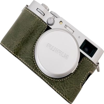 BMAOLLONGB X100VI Case, Handmade PU Cowhide Leather Half Camera Case Bag Cover Bottom Opening Version for Fujifilm X100VI With Hand Strap (Green)