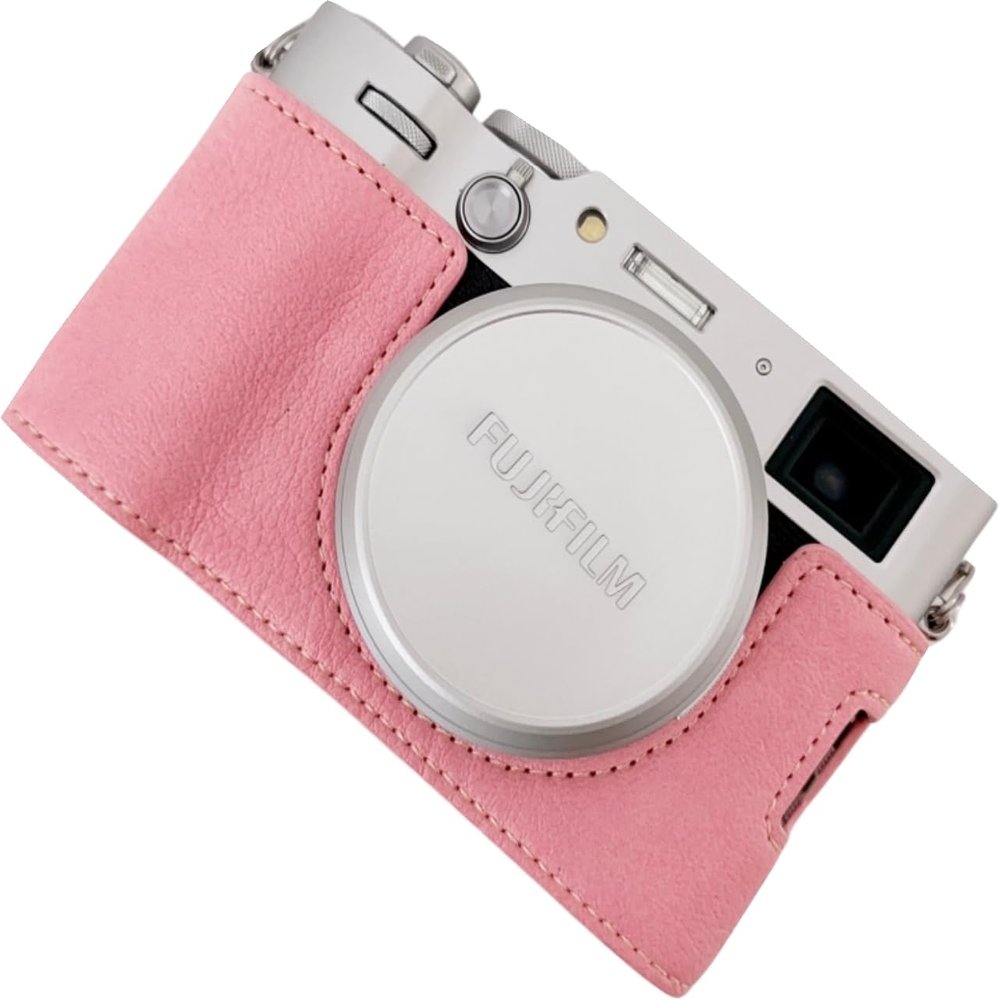 BMAOLLONGB X100VI Case, Handmade PU Cowhide Leather Half Camera Case Bag Cover Bottom Opening Version for Fujifilm X100VI With Hand Strap (Pink)