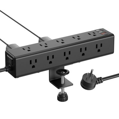 CCCEI Standing Desk Clamp Power Strip with 15 Outlets, Black Desktop Edge Mount Surge Protector Outlet, Fast Charging USB-A and 45W USB-C Ports, 6 FT Flat Plug, Black Fit 1.6 inch Table top.