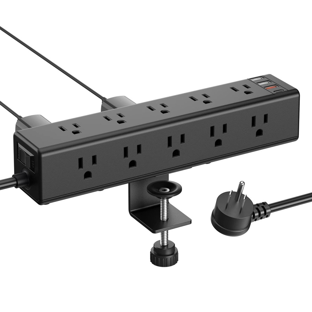 CCCEI Standing Desk Clamp Power Strip with 15 Outlets, Black Desktop Edge Mount Surge Protector Outlet, Fast Charging USB-A and 45W USB-C Ports, 6 FT Flat Plug, Black Fit 1.6 inch Table top.