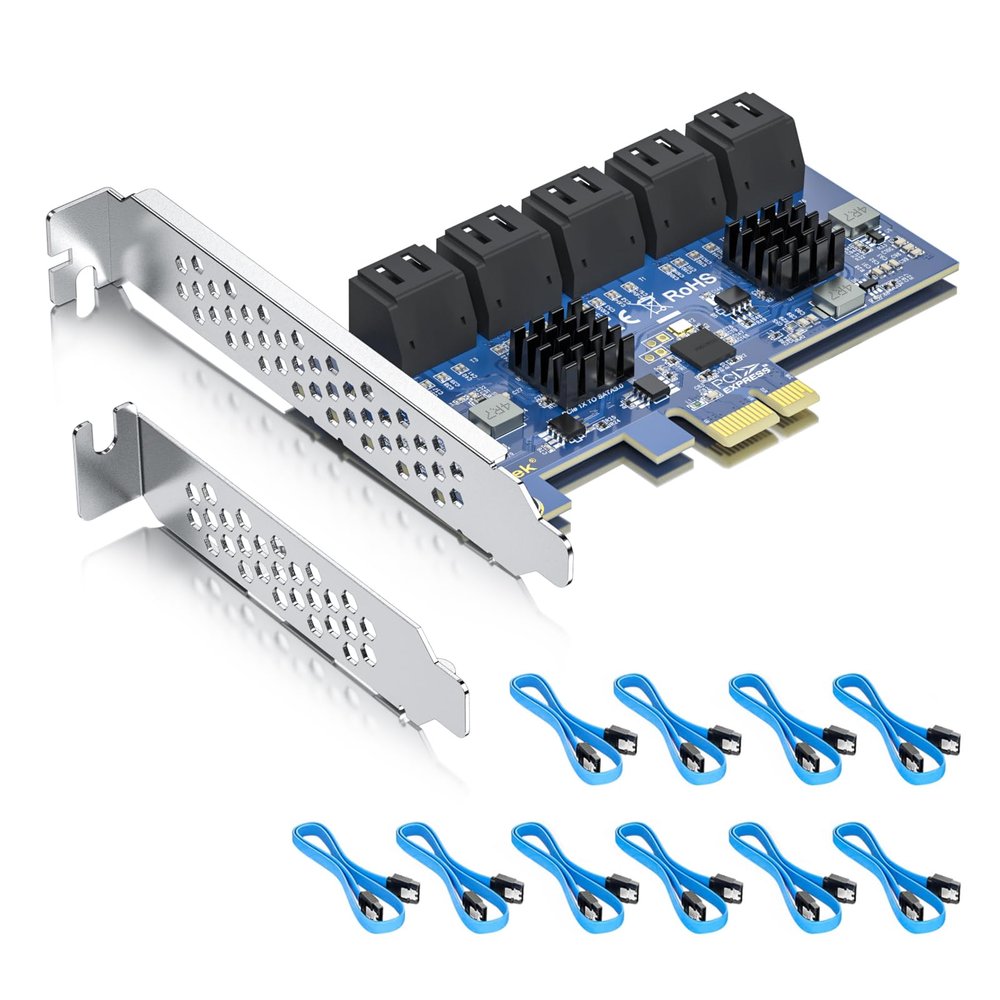 10-Port PCIe SATA 3.0 Expansion Card, x1 Lane with 10 SATA Data Cables, Supports 6Gbps SSD/HDD Storage Upgrade for Desktop PC